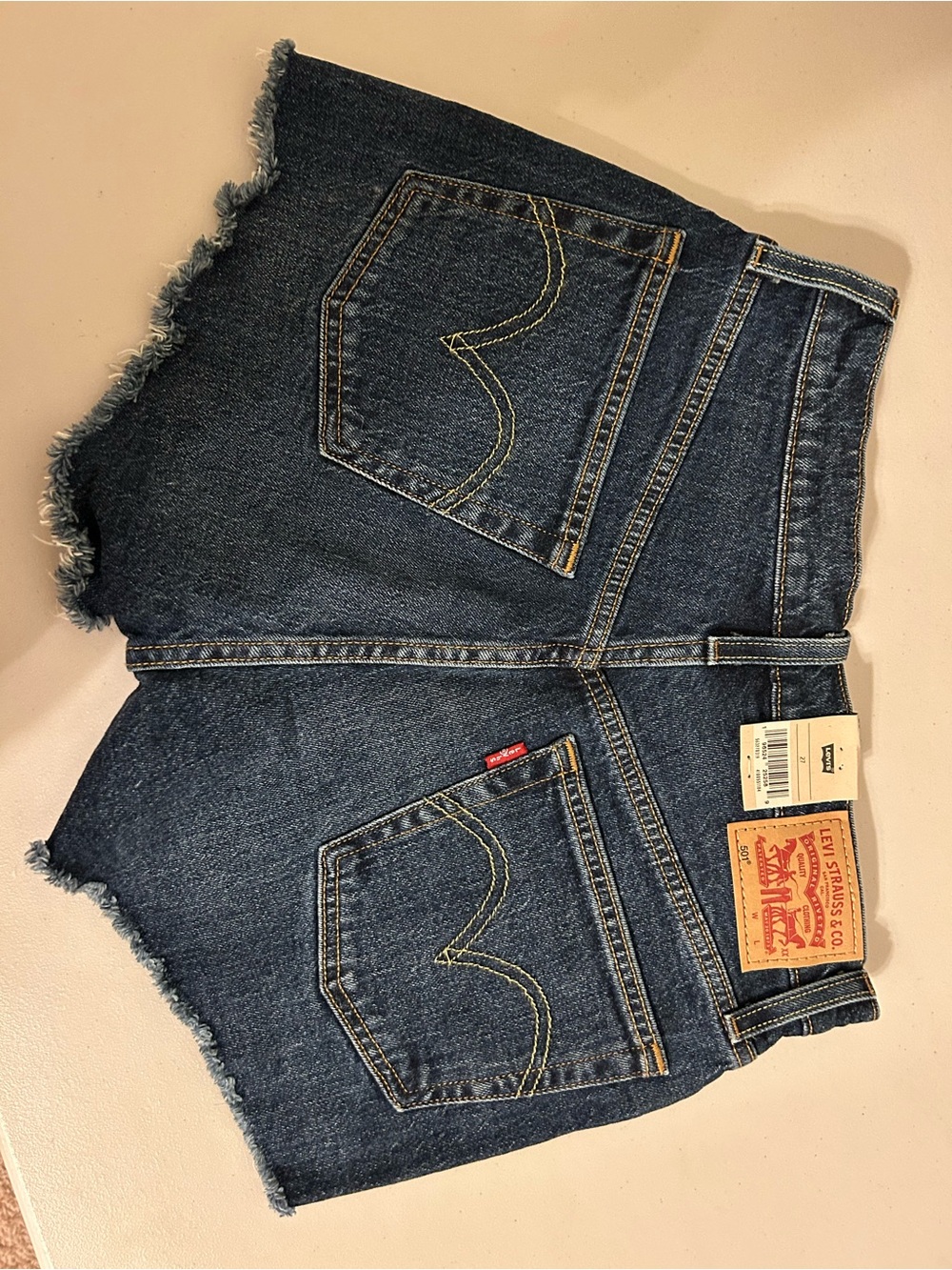 Levi's Dark Blue Distressed High-Rise Denim Shorts - Picture 3 of 4